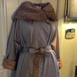 Stunning reversible maxi raincoat with dramatic collar/hood